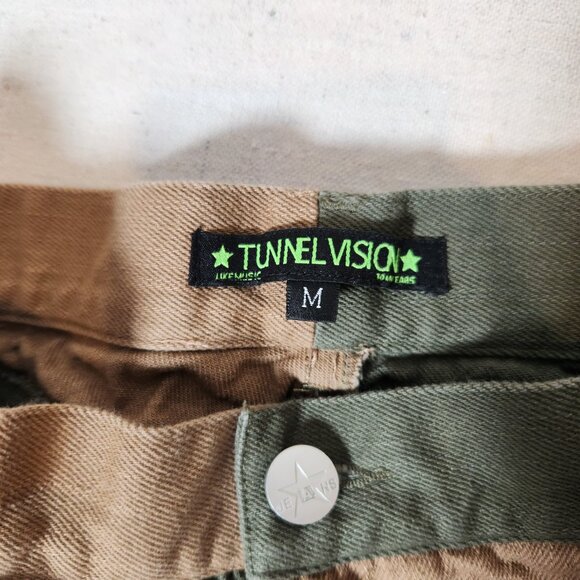 Tunnel Vision Patchwork Jeans Womens Medium Green Tan Flare Skater Streetware - Picture 12 of 14